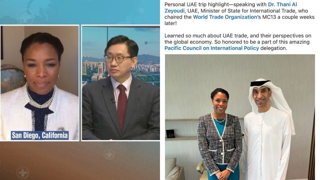 Split-screen video call with a woman labeled "San Diego, California" and a man in a studio, next to a social media post with a photo of two people posing together, one in traditional Emirati attire.
